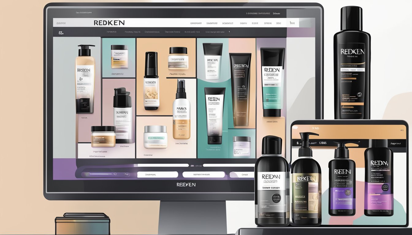A computer screen displays the Redken website with a variety of hair care products. A confident shopper clicks the "buy now" button