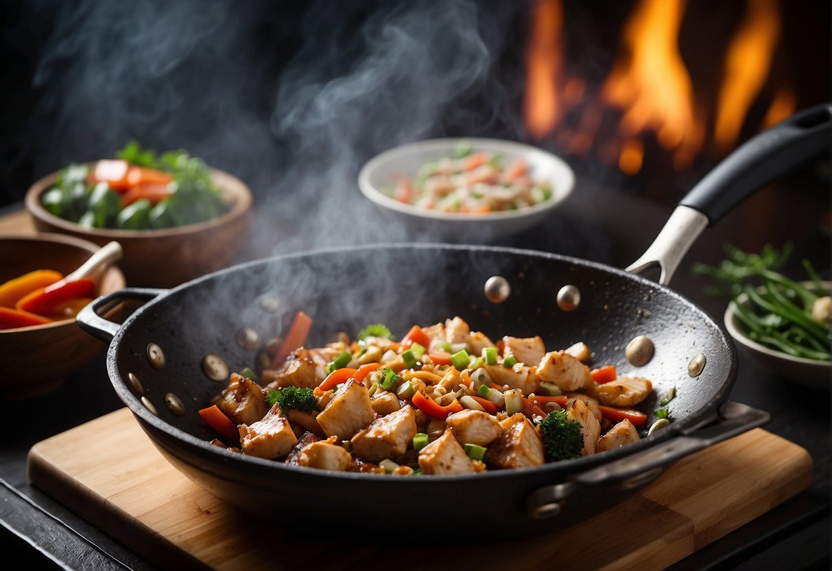 A wok sizzles with diced chicken, stir-fried in a fragrant blend of black pepper, garlic, and soy sauce, creating a mouthwatering aroma