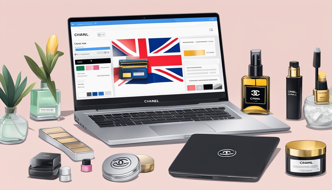 A laptop displaying the Chanel website, with a UK flag in the corner, surrounded by various Chanel products and a secure checkout button