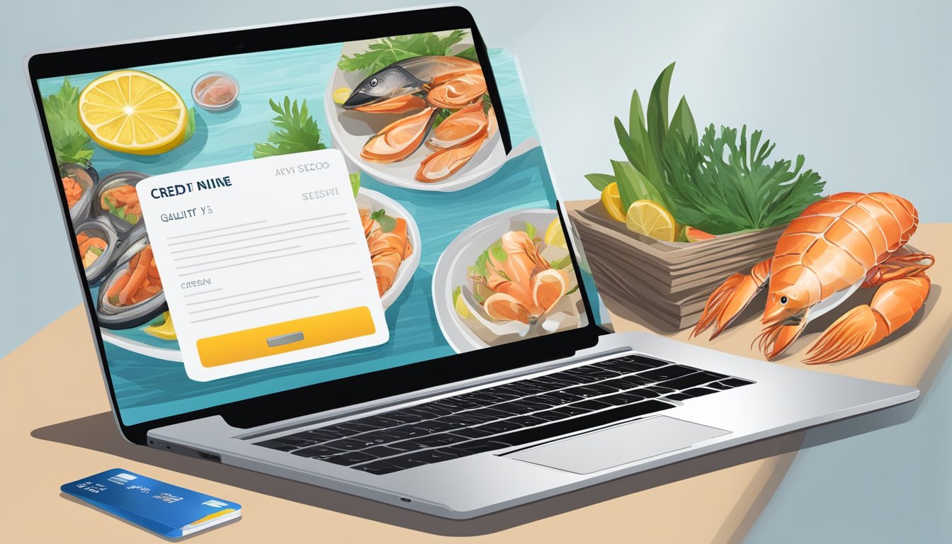 A laptop open to a website with images of fresh seafood, a credit card, and a list of quality criteria for selecting seafood online