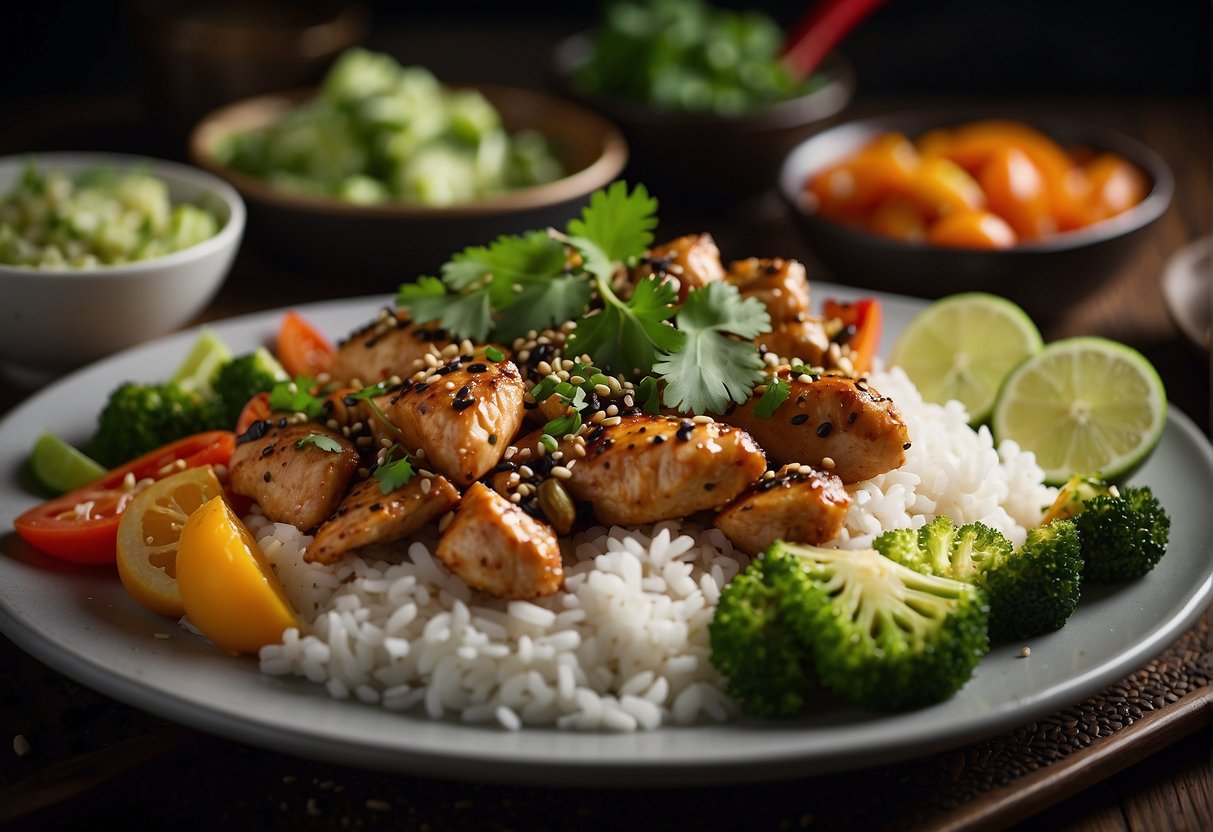 A steaming platter of black pepper chicken surrounded by colorful stir-fried vegetables and steamed rice, garnished with fresh cilantro and sesame seeds