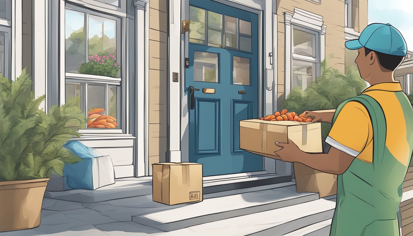 Fresh seafood packages arriving at a doorstep, with a delivery person handing over the package