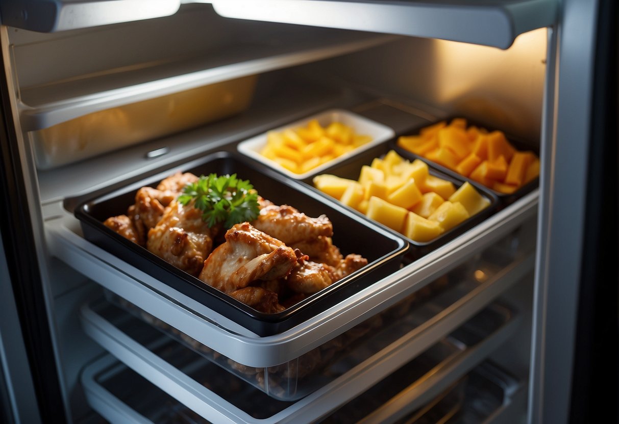 A container of Chinese buffet black pepper chicken sits in a refrigerator. A microwave is nearby for reheating