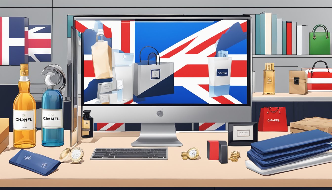 A computer screen displaying the Chanel website with a UK flag in the corner, a shopping bag icon, and various luxury products