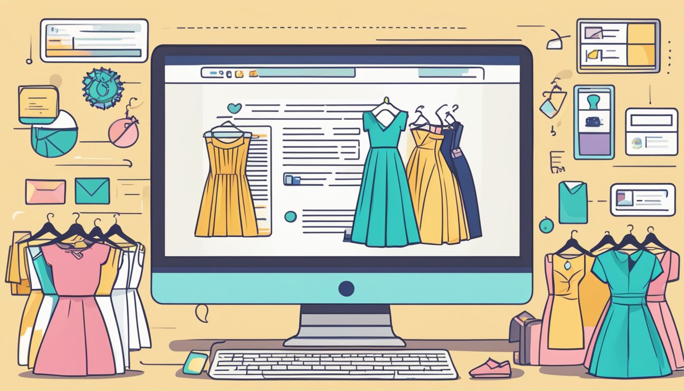 A computer screen displaying a website with a list of formal dresses, a shopping cart icon, and a FAQ section with questions and answers