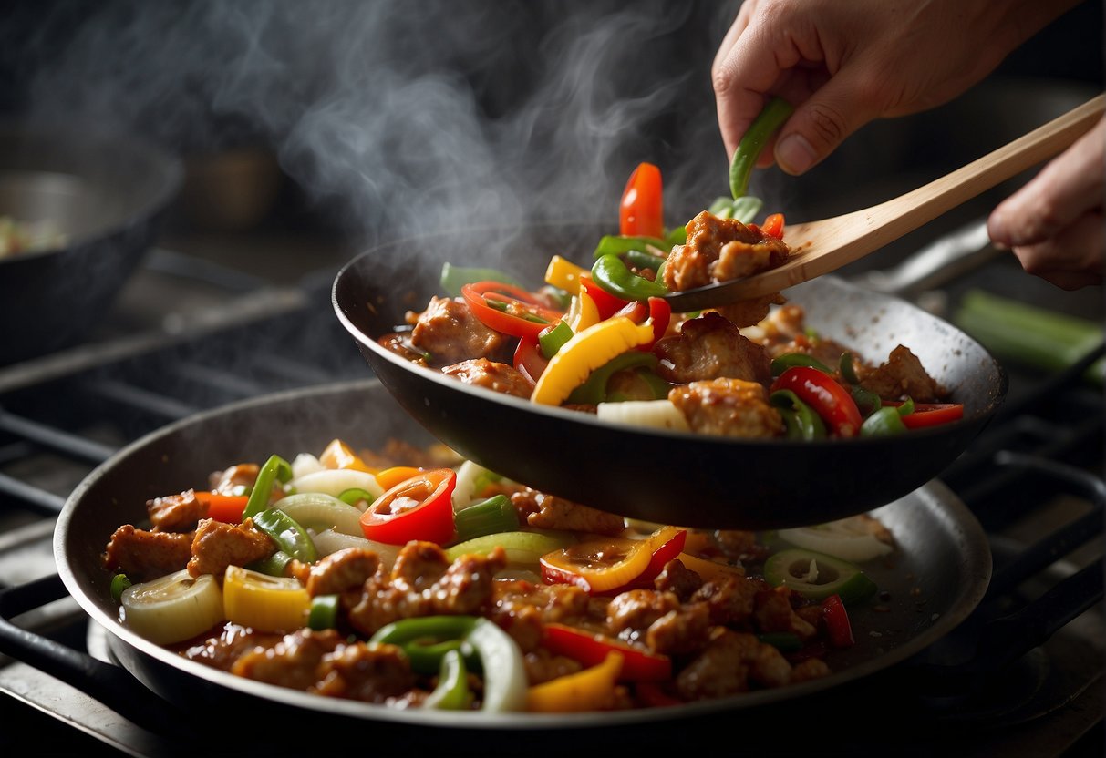 A sizzling wok tosses chunks of chicken, onions, and peppers in a savory black pepper sauce. Steam rises as the chef skillfully stirs the fragrant dish