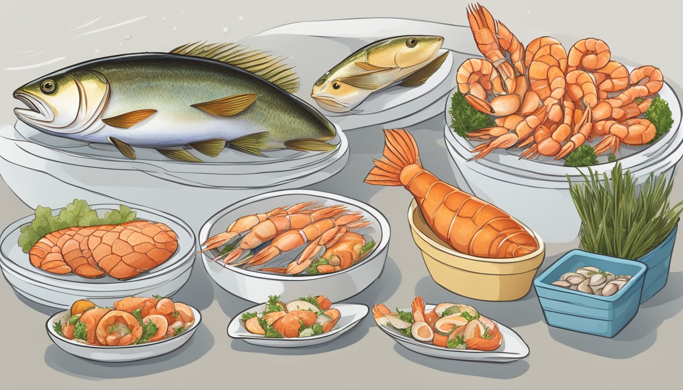 Customers ordering seafood online. Various types of fish, shrimp, and shellfish displayed on a website. FAQ section highlighted