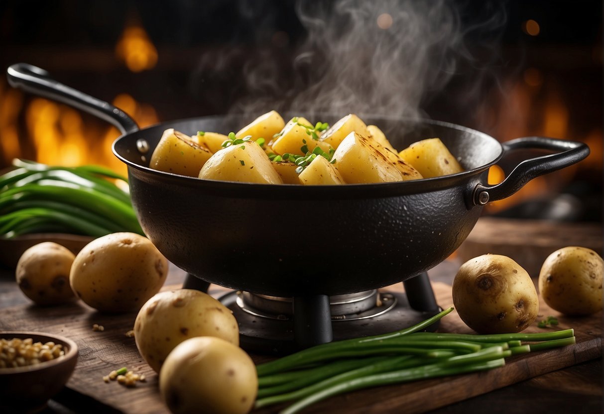 Golden potatoes sizzle in a wok with garlic, ginger, and green onions. A splash of soy sauce adds a savory aroma to the bubbling mixture