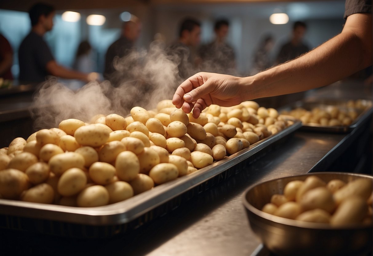 A hand reaching for a pile of assorted potatoes at a Chinese buffet, with steam rising from the dishes
