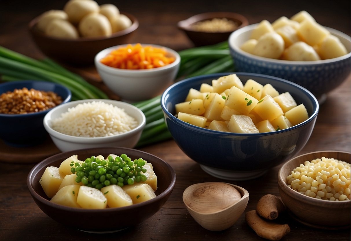 A table with bowls of diced potatoes, soy sauce, garlic, ginger, and green onions. Nearby are containers of vegetable oil and cornstarch