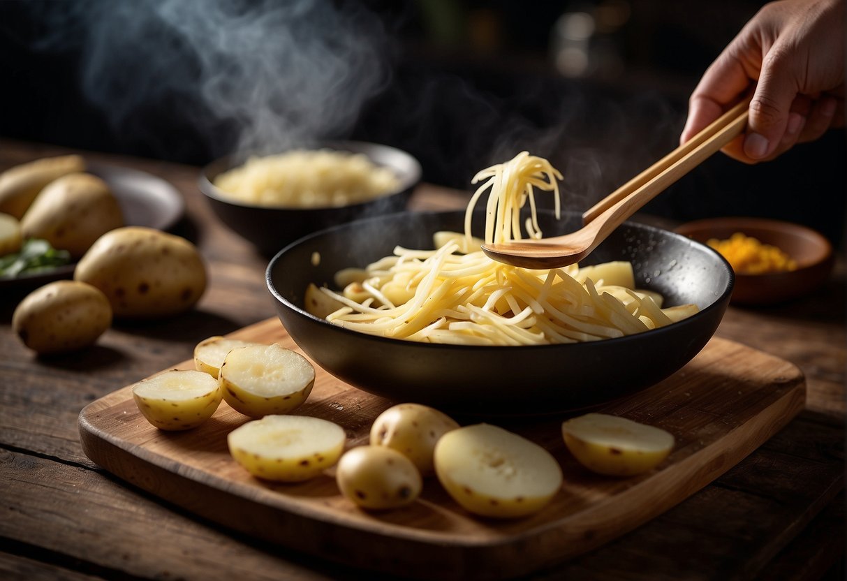 Potatoes being sliced with a mandolin, then fried in a wok with a slotted spoon. A wok spatula and a pair of chopsticks are nearby
