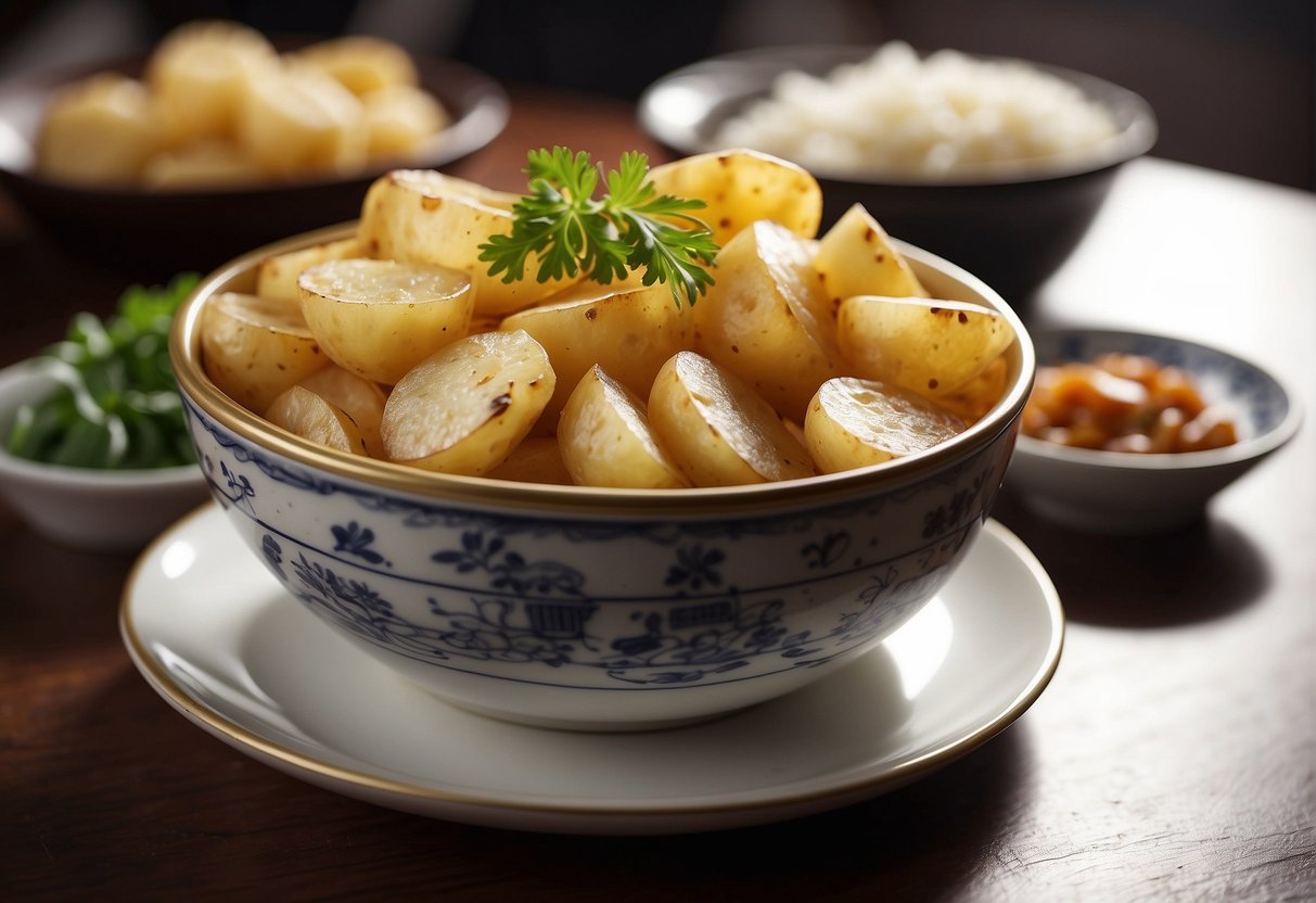 A plate of Chinese buffet potatoes with nutritional information displayed next to it
