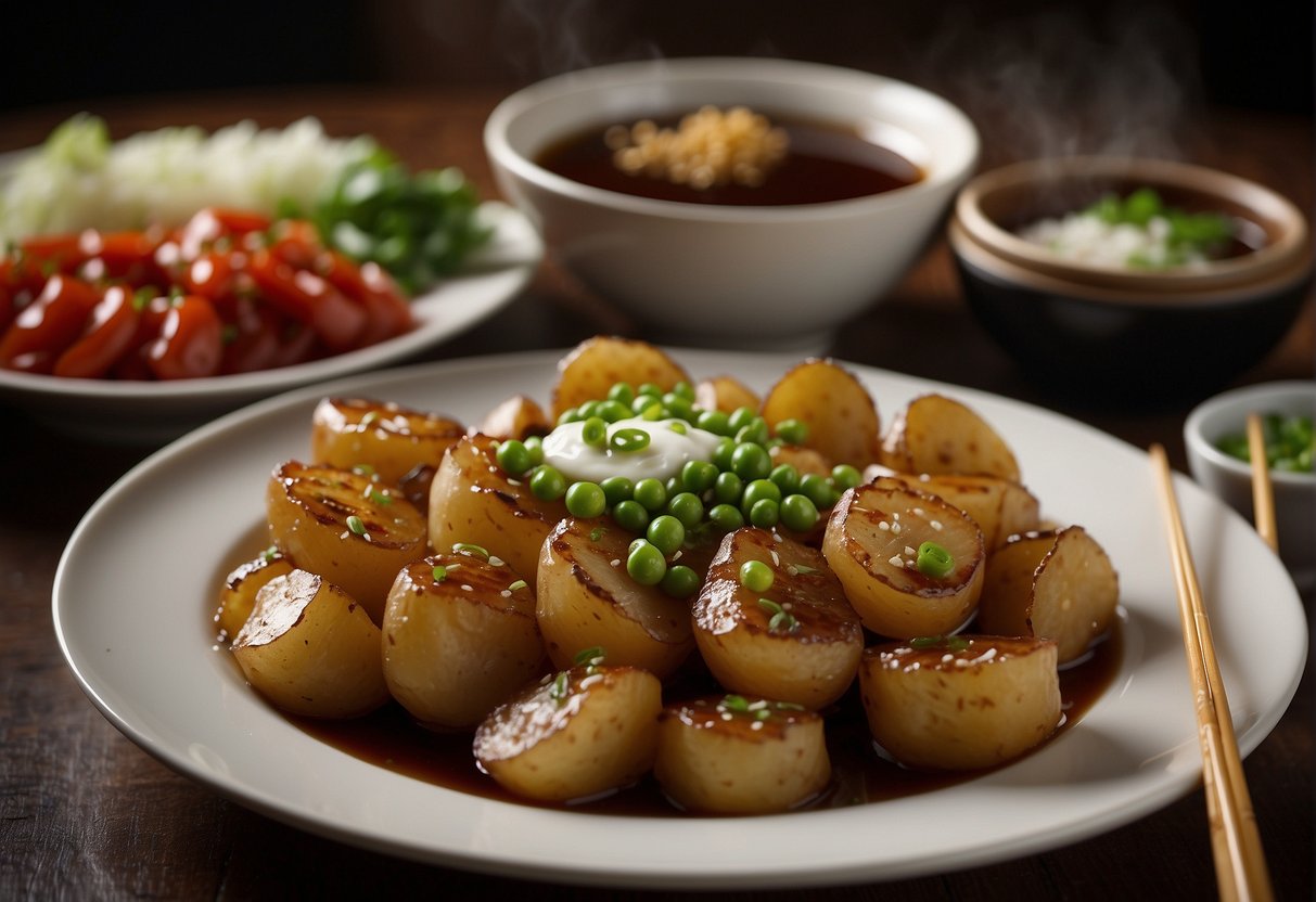 A table is set with a variety of Chinese buffet potatoes, surrounded by dishes of soy sauce, chili oil, and green onions. A pair of chopsticks rests on a napkin next to the plates