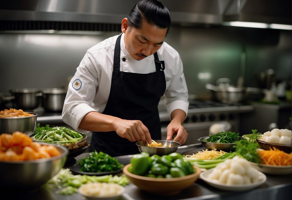 A chef prepares a vibrant dish of Chinese-style abalone, surrounded by fresh ingredients like ginger, garlic, and green onions. The abalone glistens with a glossy sauce, ready to be served