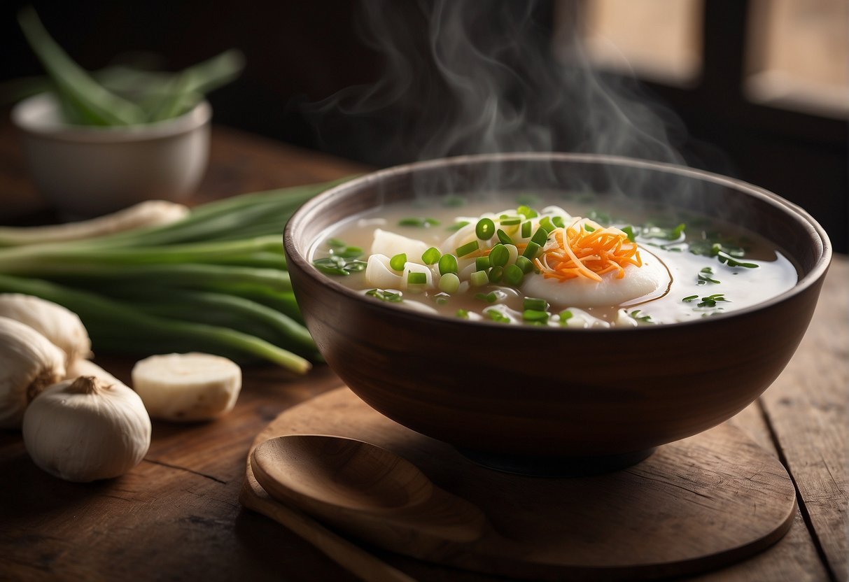 A steaming bowl of Chinese yam soup sits on a rustic wooden table, garnished with green onions and floating slices of tender yam