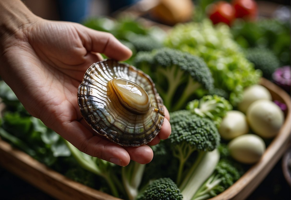 A hand reaches for a plump, iridescent abalone in a market stall, surrounded by vibrant green vegetables and exotic spices