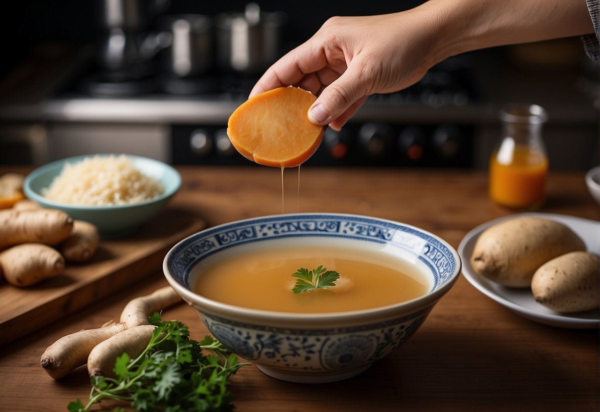 A hand reaches for fresh Chinese yams, ginger, and chicken broth on a kitchen counter for a Chinese yam soup recipe