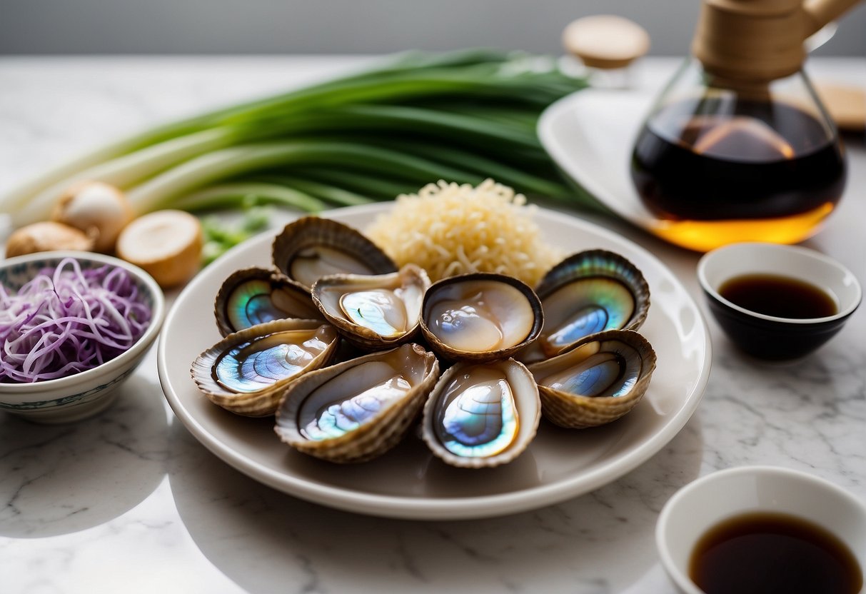 Fresh abalone, ginger, garlic, green onions, soy sauce, and oyster sauce arranged on a clean, white kitchen counter