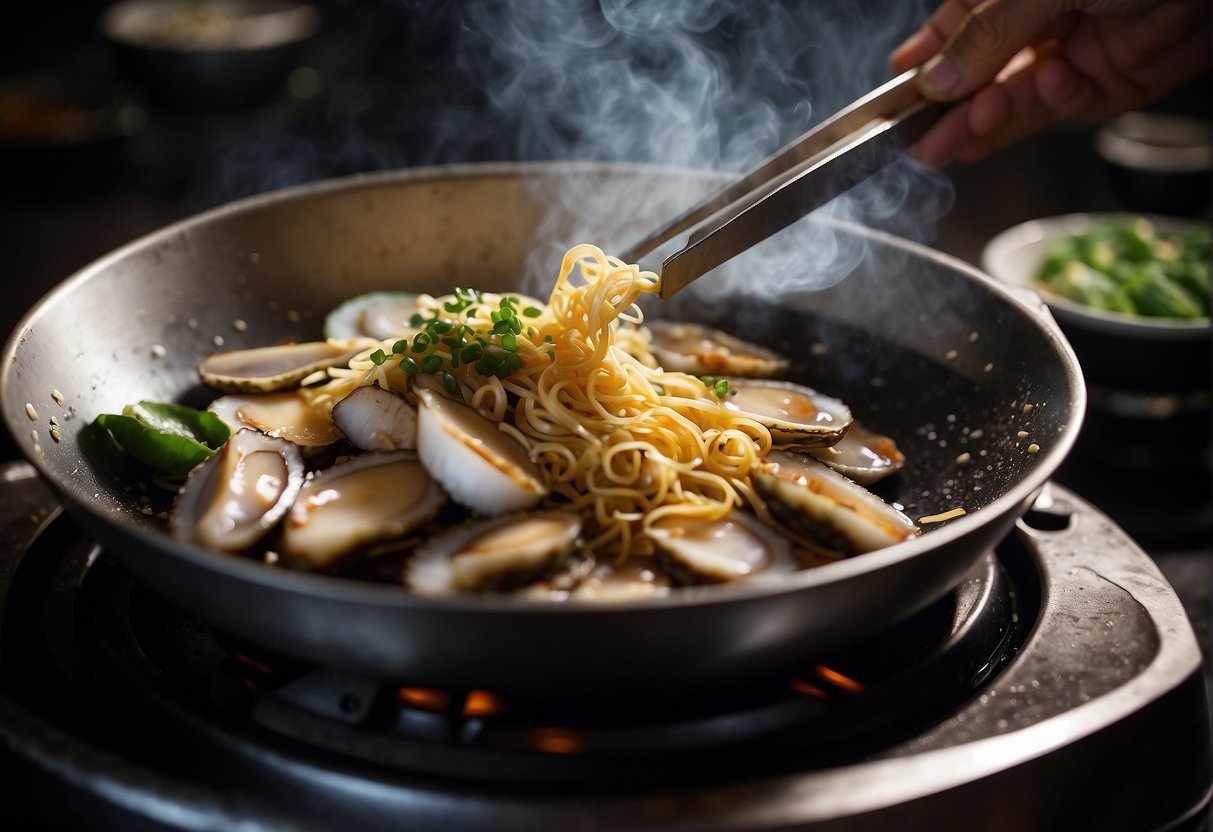 Abalone being sliced, marinated, and then stir-fried in a wok with ginger, garlic, and soy sauce