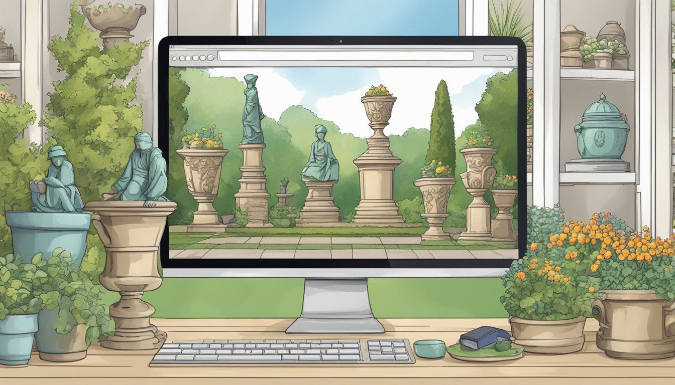 A computer screen displaying a website with a variety of garden statues available for purchase. A cursor hovers over the "add to cart" button