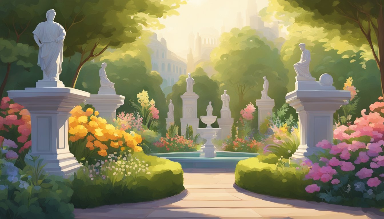 A lush garden with a variety of statues displayed on pedestals, surrounded by colorful flowers and greenery, with a soft sunlight casting gentle shadows