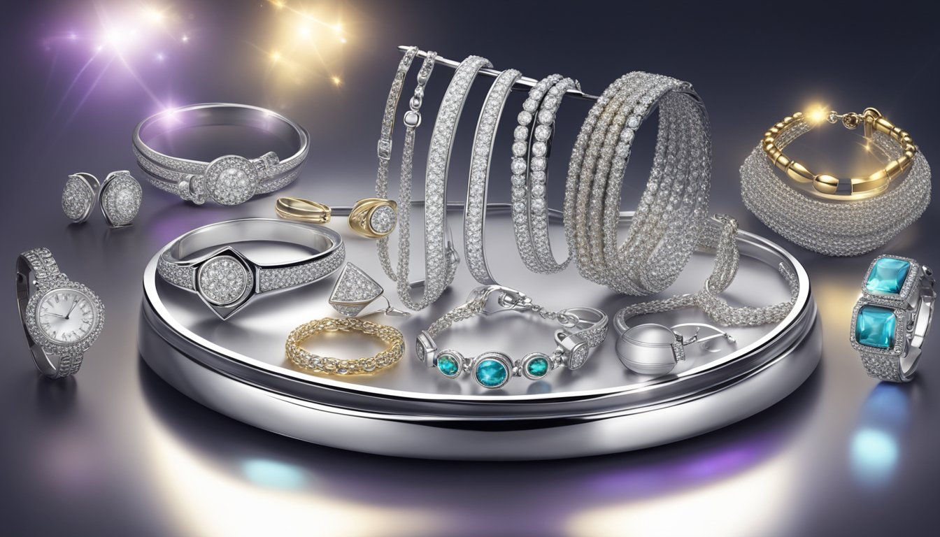 A display of sleek silver accessories gleaming under bright lights. Shiny bracelets, earrings, and necklaces arranged on a velvet-lined tray