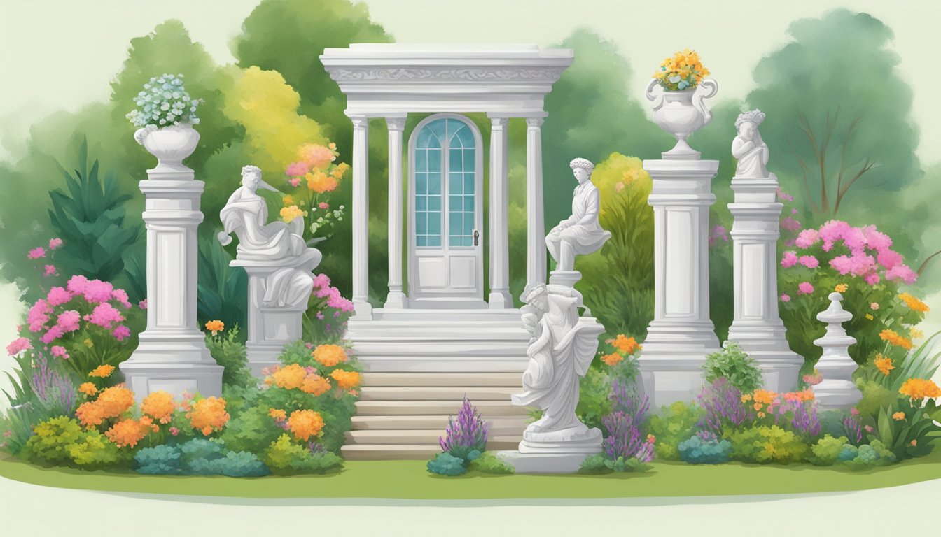 A colorful website displays various garden statues for sale. The statues range from classical to whimsical, and the site offers easy navigation for online purchases