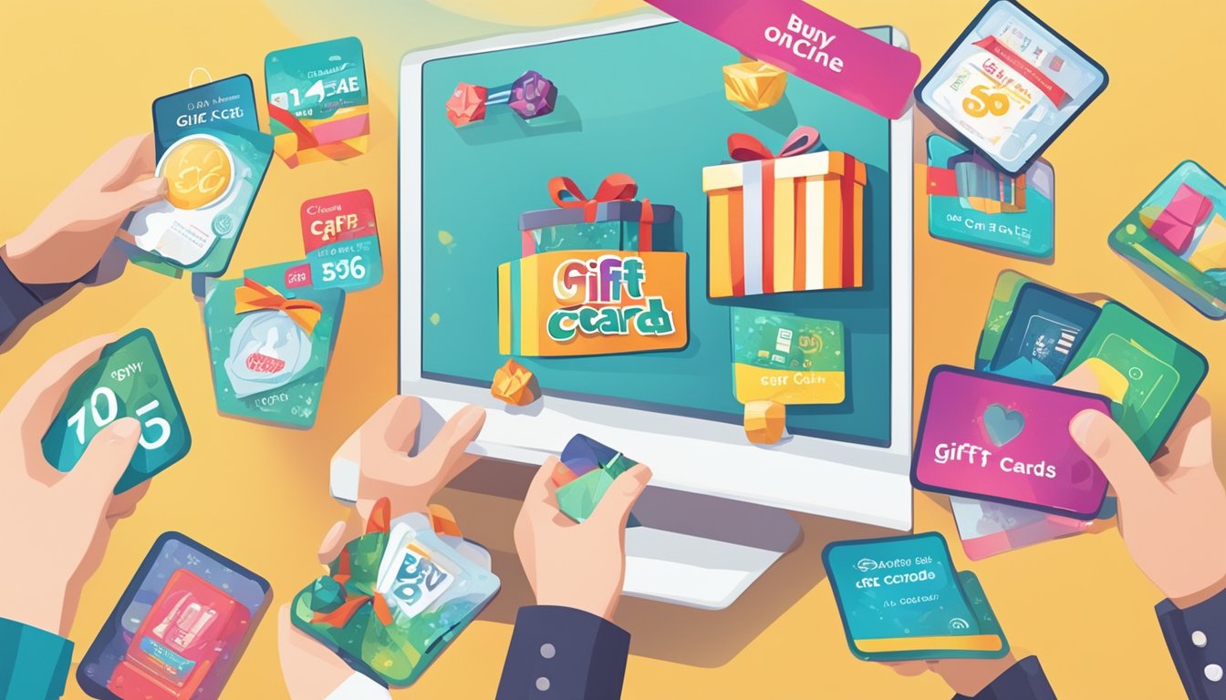 A hand reaching out to select a gift card from a display of various designs and occasions, with a sign advertising "buy gift cards online cheap."