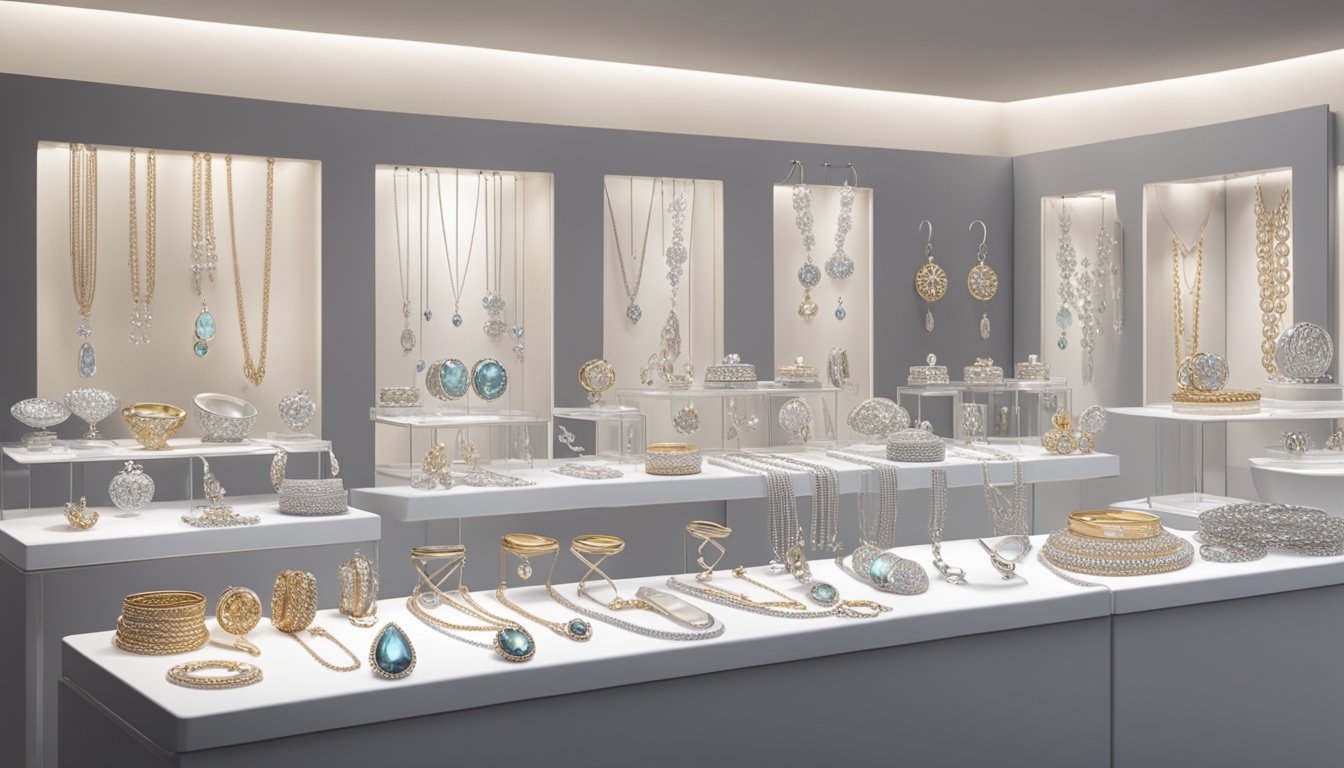 A display of elegant silver jewelry gleams under soft lighting, showcasing a variety of necklaces, bracelets, and earrings from top silver accessory brands