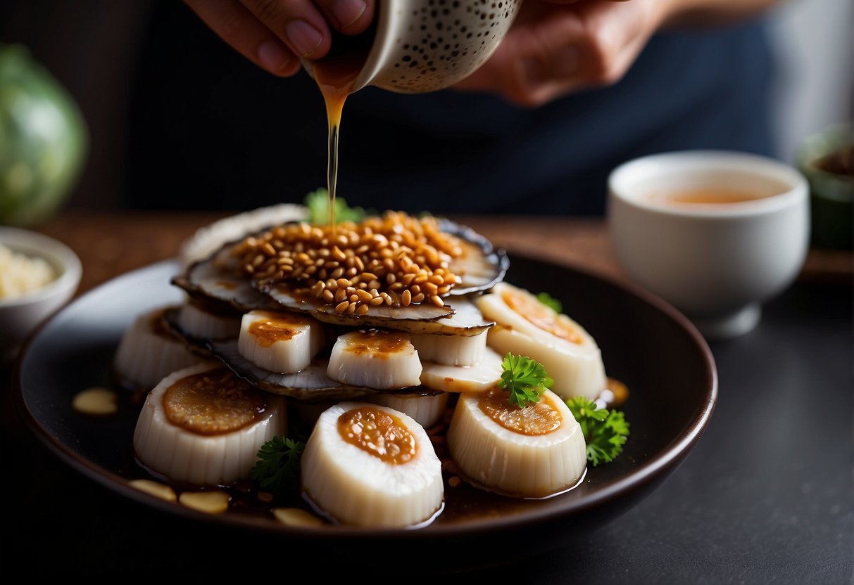 A chef pours a blend of soy sauce, ginger, and garlic over freshly sliced abalone, creating the perfect sauce for a Chinese recipe