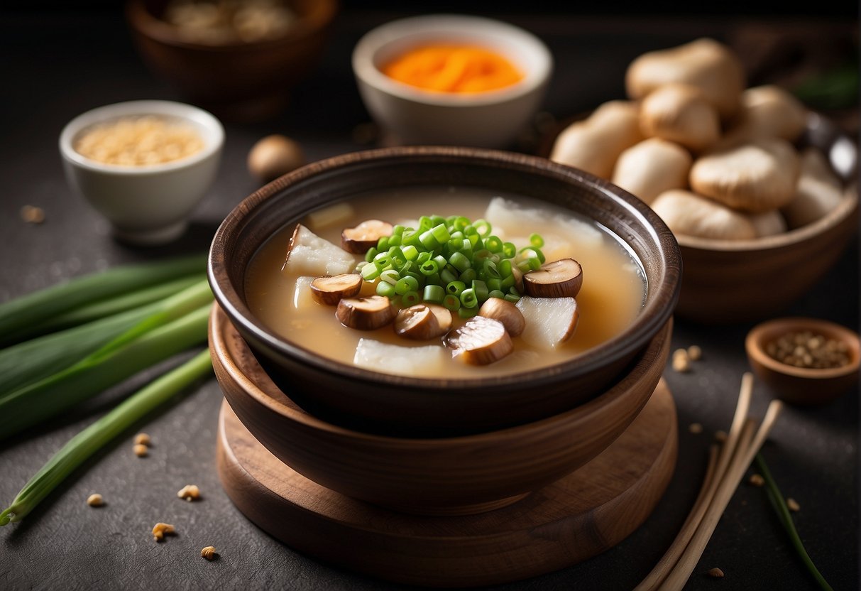 A steaming bowl of Chinese yam soup with slices of yam, mushrooms, and green onions, garnished with a sprinkle of sesame seeds
