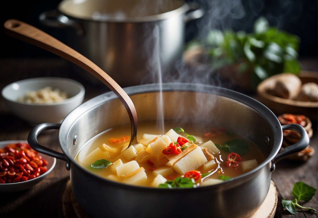 A pot of boiling water with sliced Chinese yam, ginger, and goji berries. A ladle hovers over the pot, ready to stir the fragrant soup