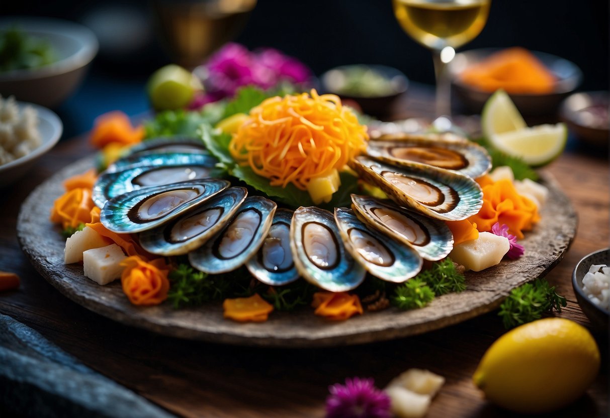 Fresh abalone is being delicately sliced and arranged on a vibrant platter with colorful garnishes, ready to be presented in a traditional Chinese style