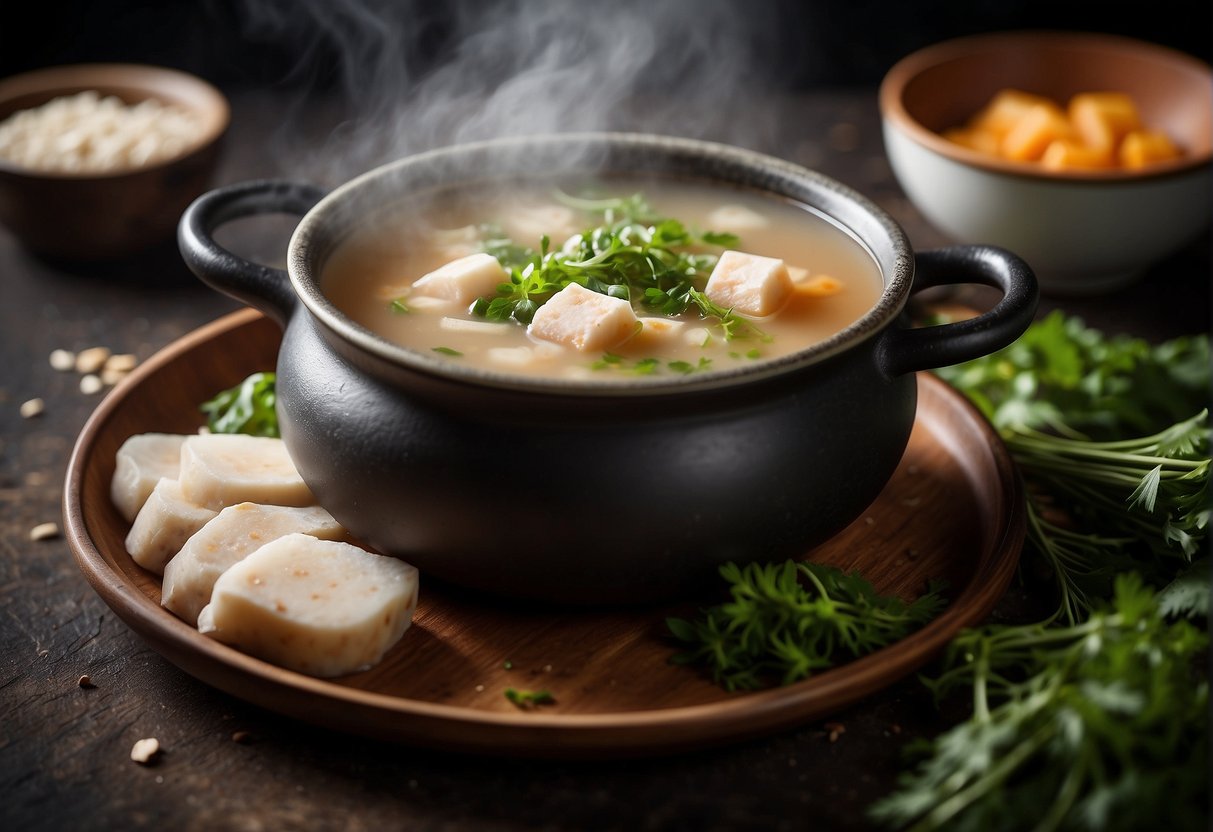 A steaming pot of Chinese yam soup with floating herbs and spices, surrounded by fresh ingredients and a recipe book