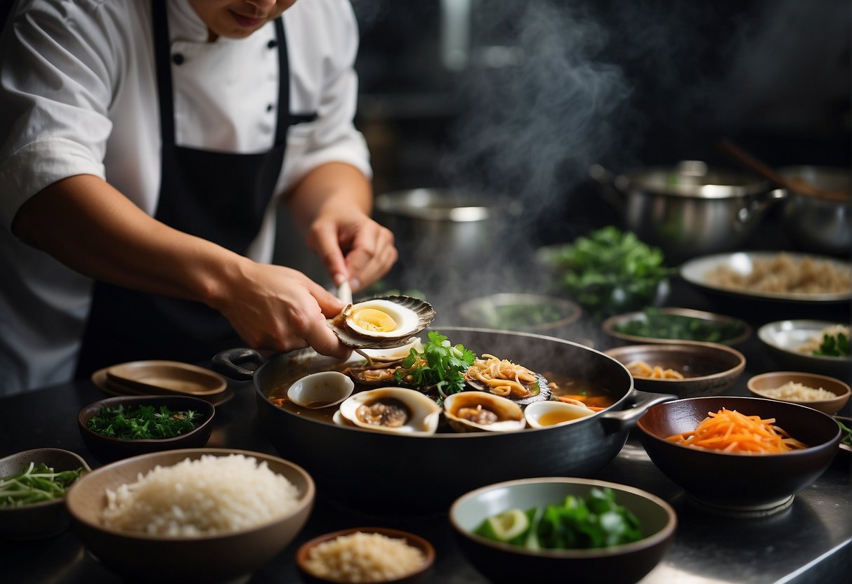 A chef prepares a traditional Chinese abalone dish, surrounded by fresh ingredients and cooking utensils