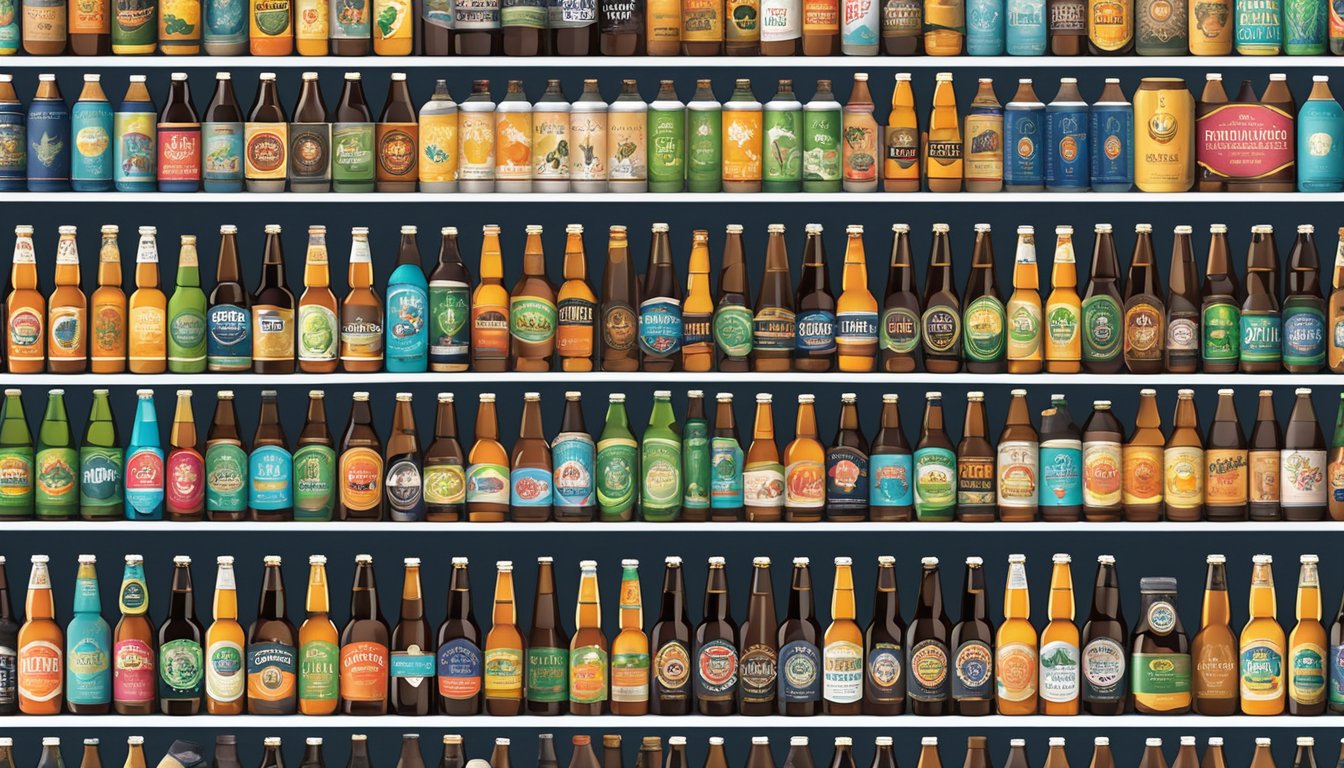 A display of popular craft beer brands from Singapore, arranged neatly on shelves with clear labels and vibrant packaging