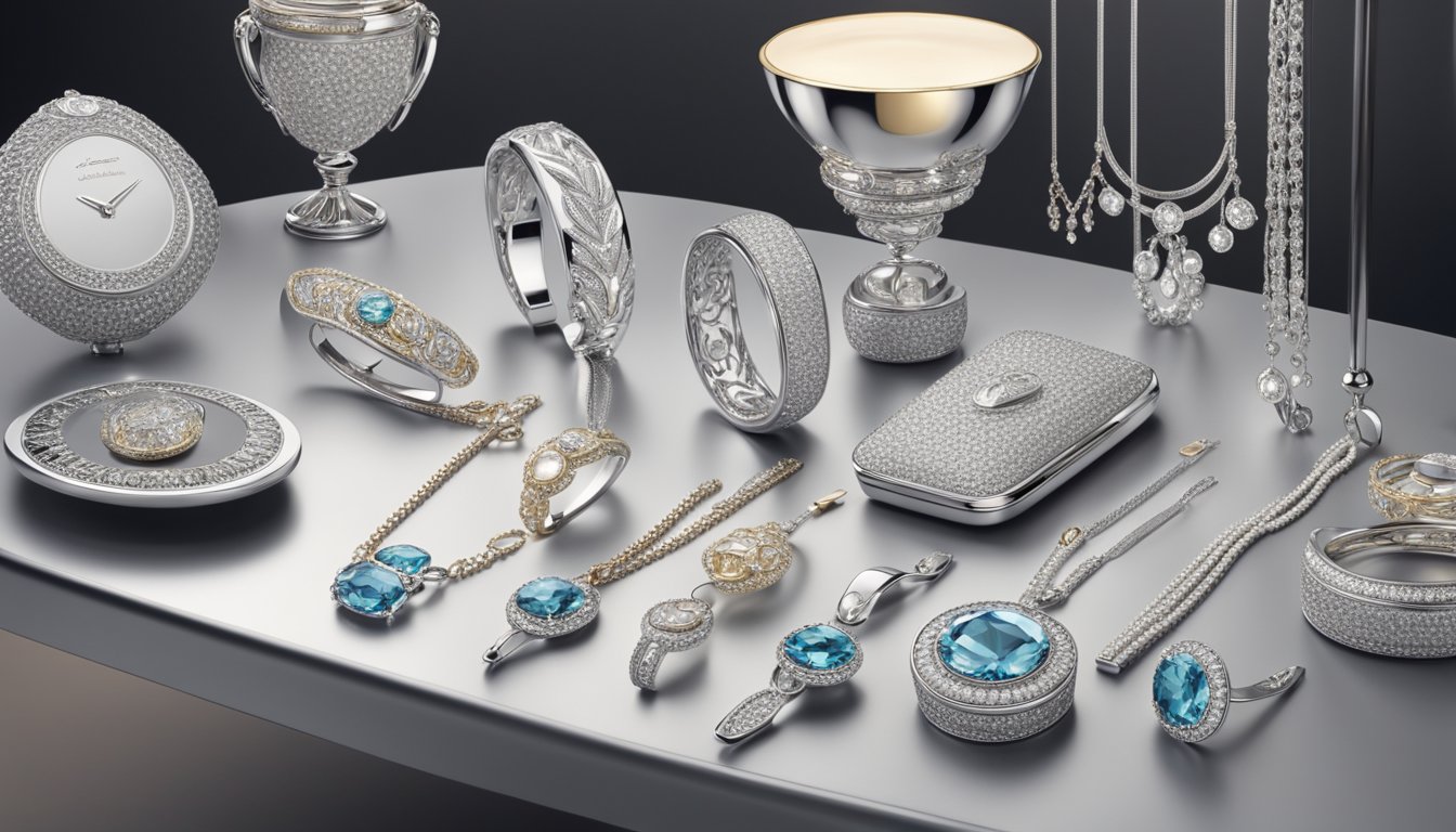 A display of elegant silver accessories from top brands, arranged on a sleek, modern table with soft lighting highlighting their intricate details