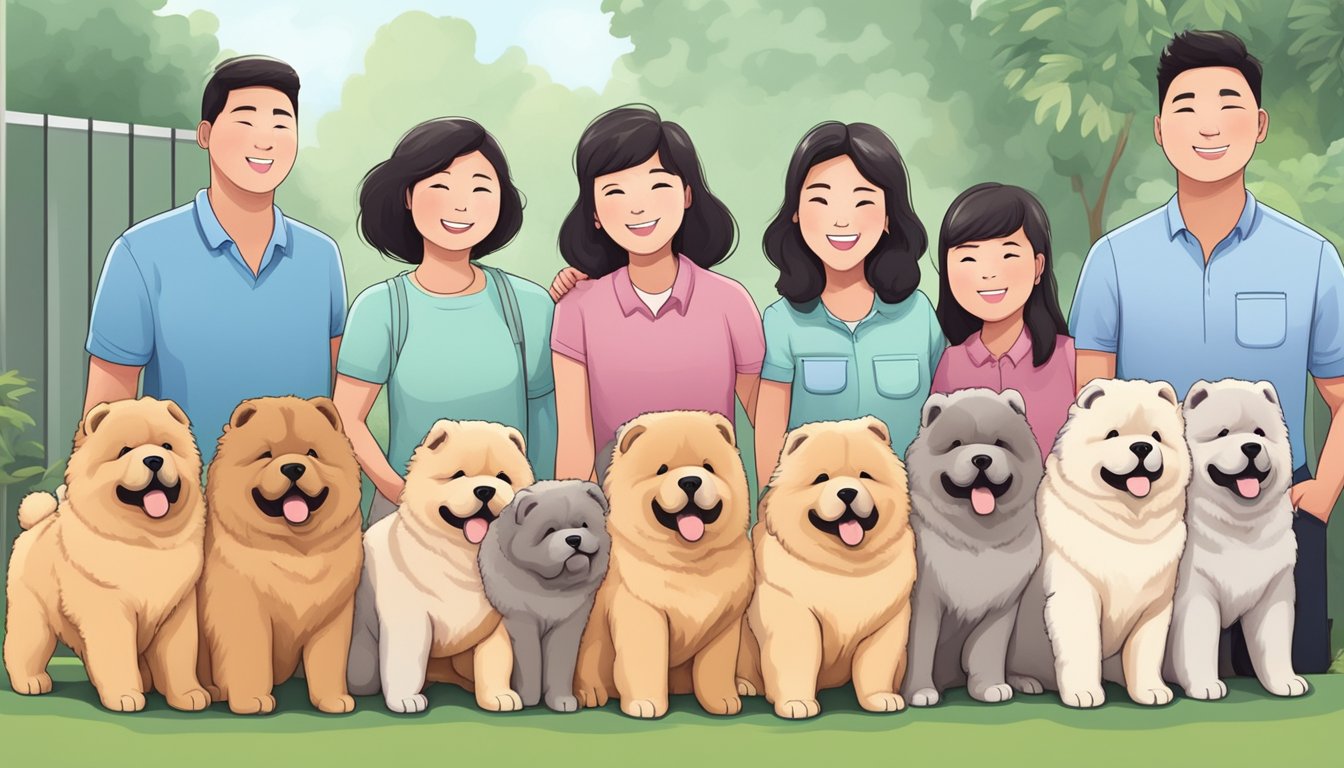A family stands in front of a row of adorable chow chow puppies, each with unique markings and personalities, at a breeder's home in Singapore