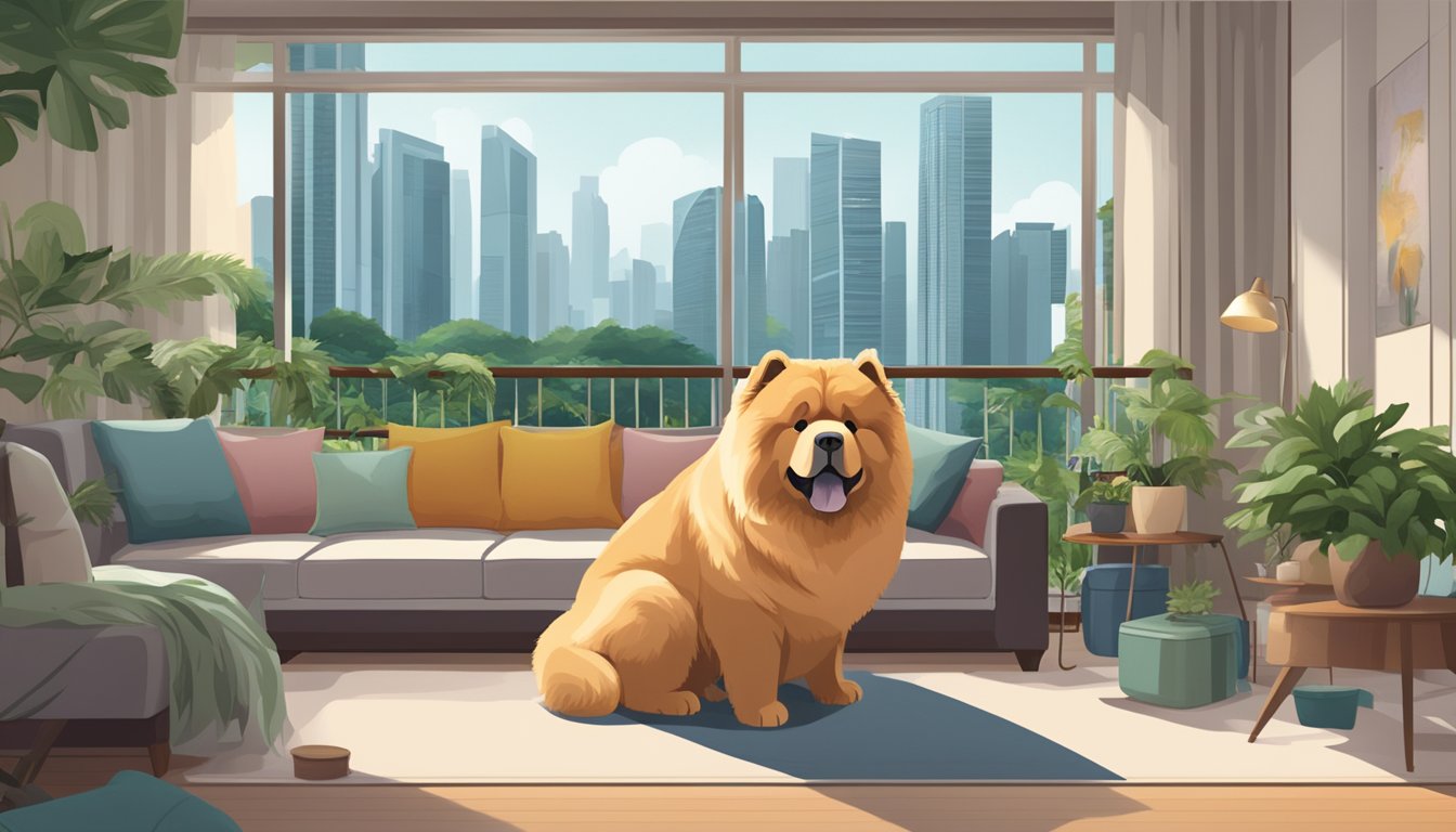 A Chow Chow lounges in a cozy Singapore apartment, surrounded by lush greenery and modern cityscape views