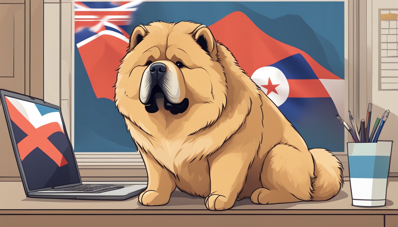 A chow chow dog sitting next to a "Frequently Asked Questions" sign with a Singaporean flag in the background