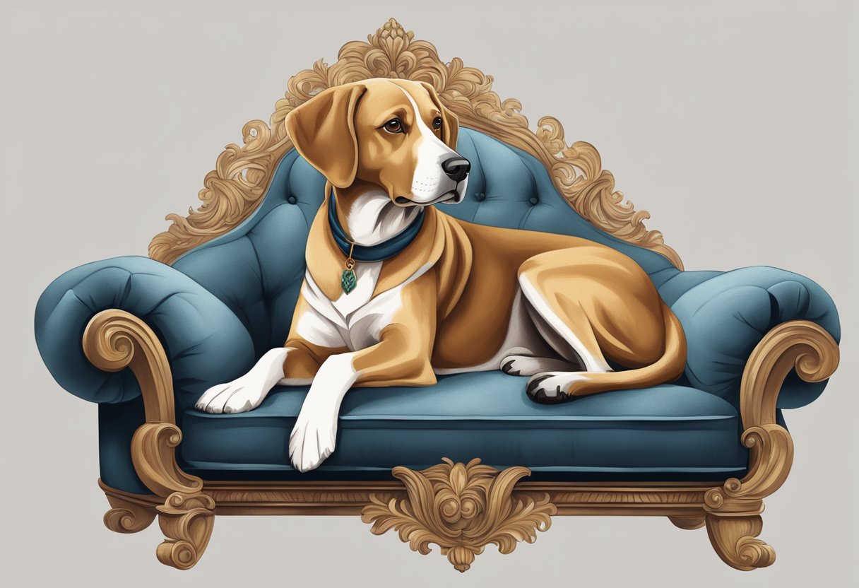 A regal-looking dog with a sleek coat sits on a plush velvet cushion, surrounded by elegant decor and a hint of sophistication in the air