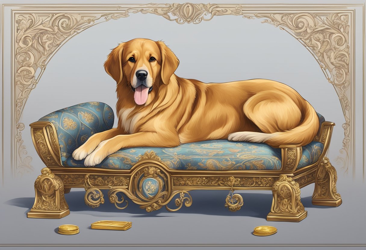 A regal-looking dog sits on a plush cushion, surrounded by elegant name options written on ornate scrolls. A golden nameplate with "Classy Dog Names" hangs above