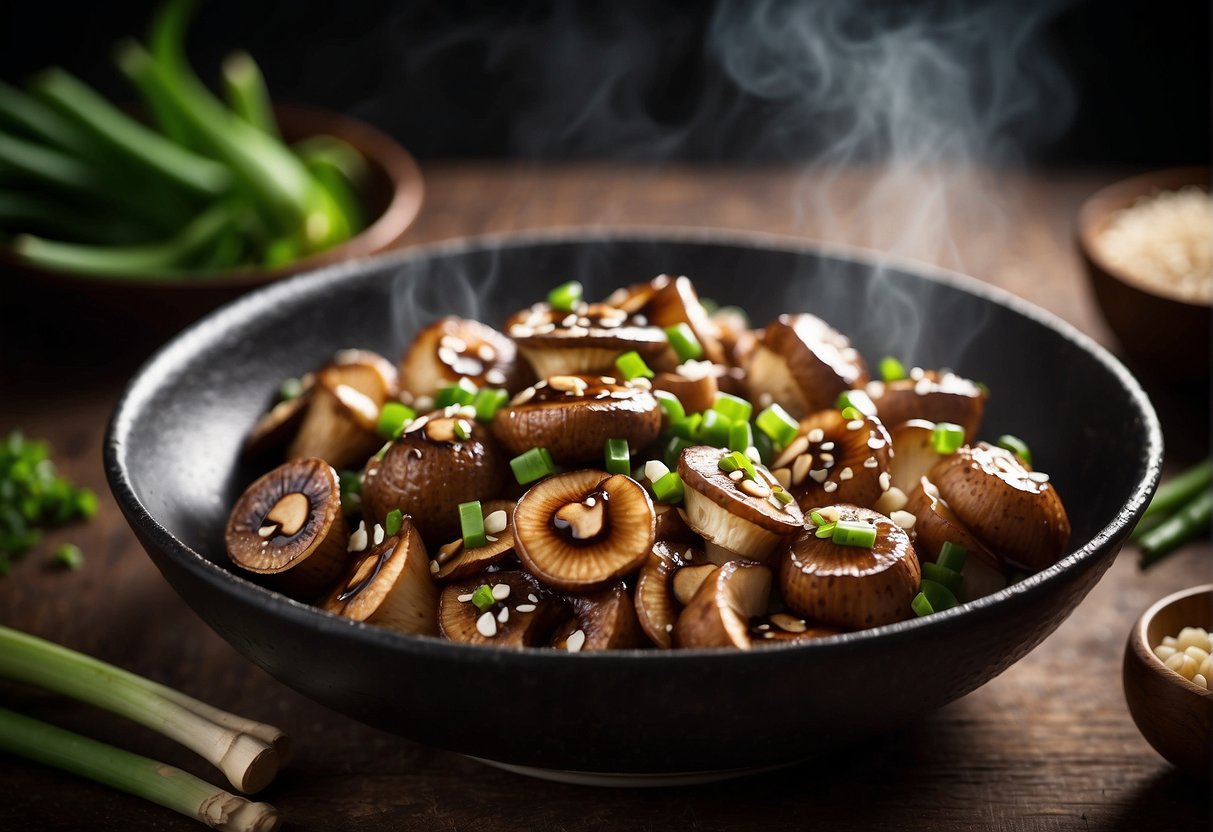 Sliced shiitake mushrooms sizzle in a wok with soy sauce and garlic, emitting a savory aroma. Green onions and sesame seeds are sprinkled on top, adding color and texture to the dish