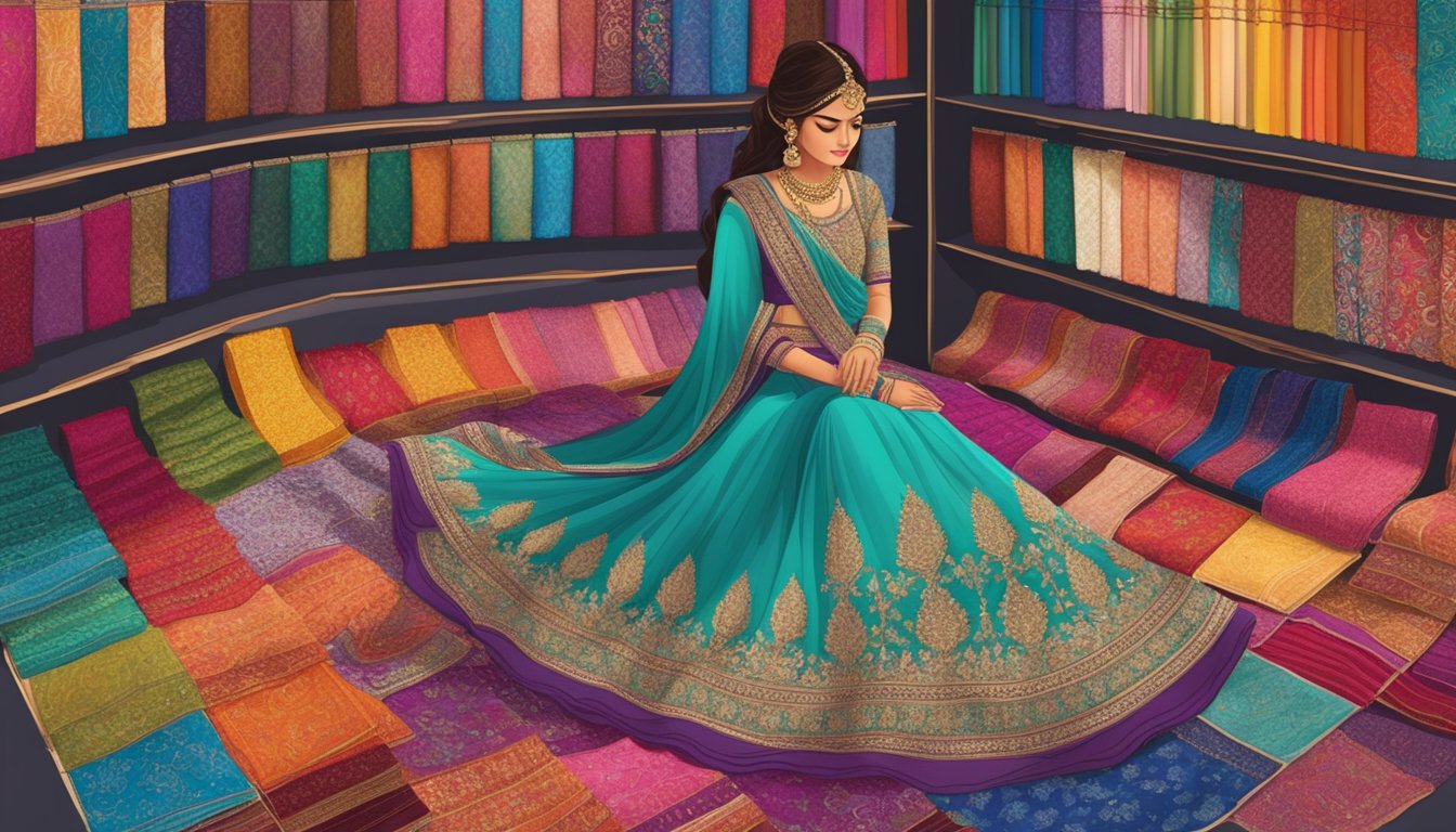 A woman carefully examines a vibrant semi-stitched lehenga, surrounded by a variety of fabric swatches and intricate embroidery samples