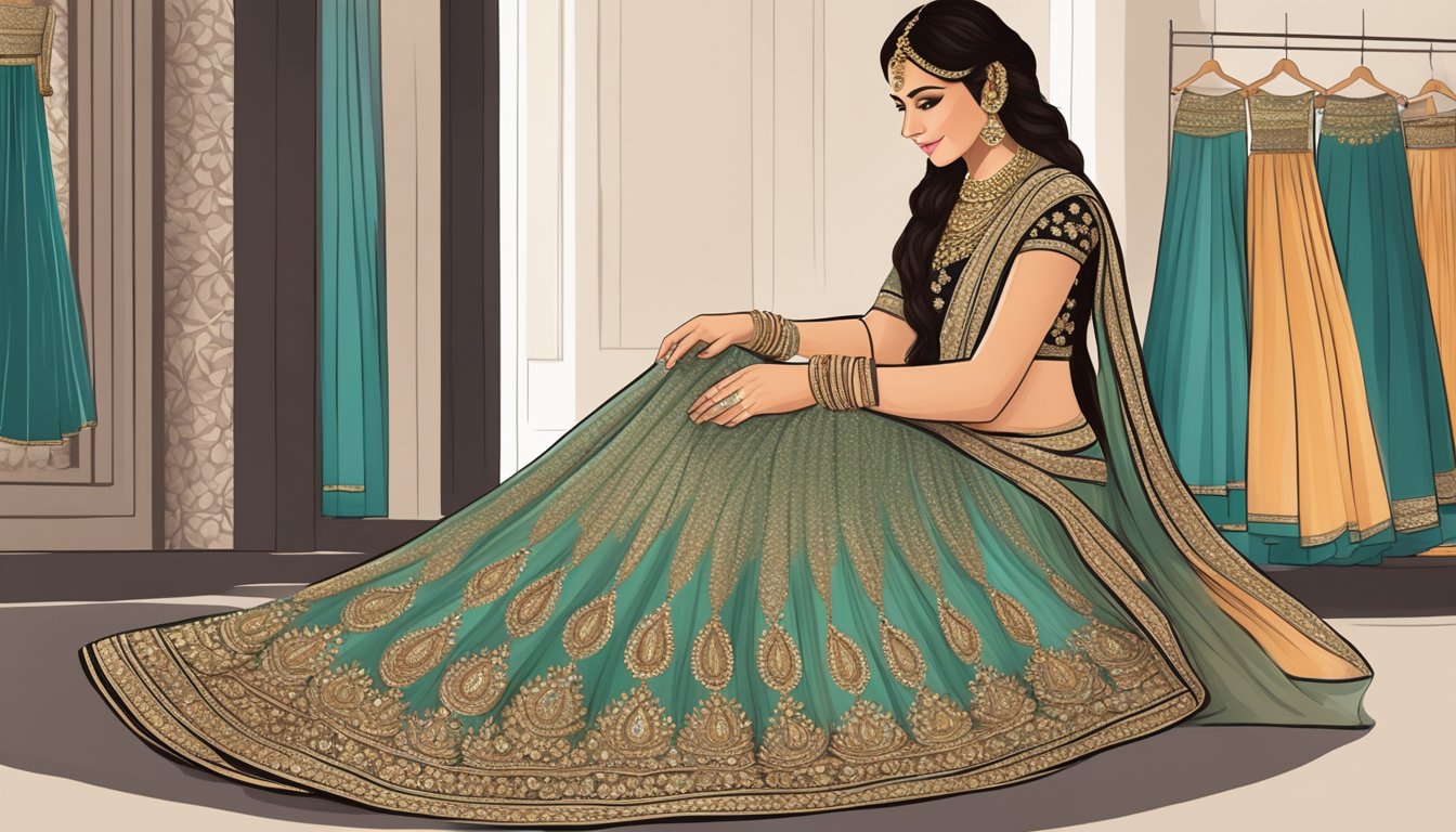A woman customizing a semi-stitched lehenga, fitting fabric and embellishments, buying online