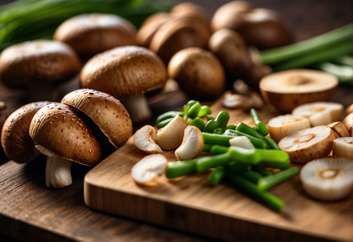 Fresh shiitake mushrooms, soy sauce, garlic, ginger, and green onions arranged on a wooden cutting board