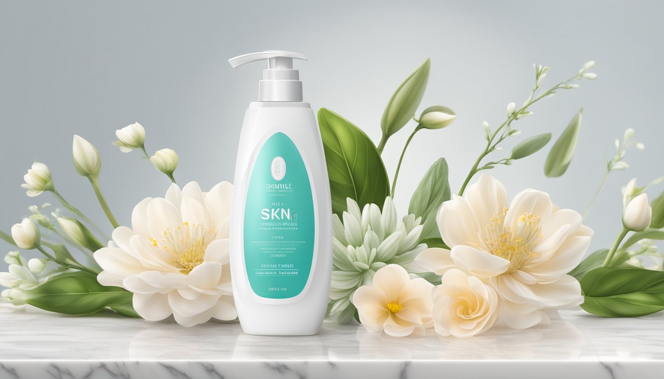 A bottle of skin brand lotion stands on a white marble countertop, surrounded by fresh flowers and a soft towel