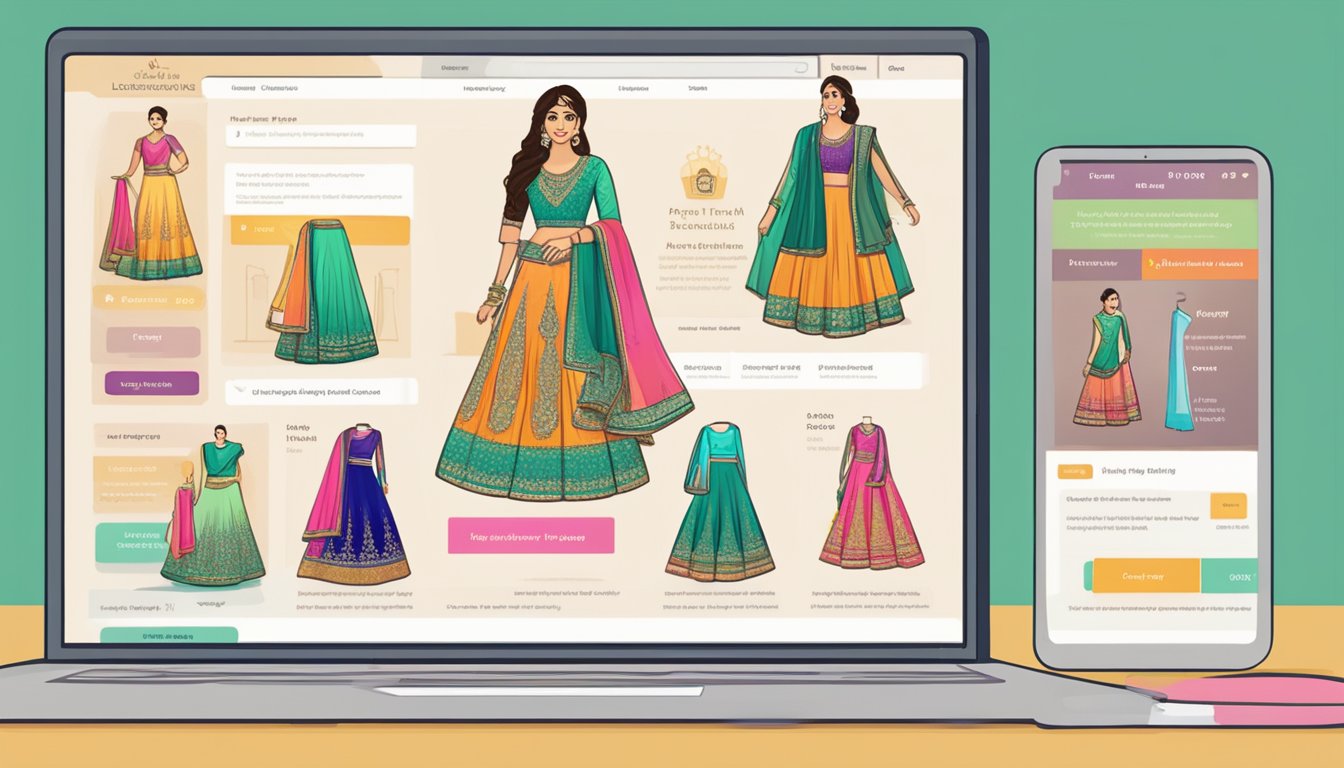 A computer screen displaying a website with "Frequently Asked Questions" about buying semi-stitched lehengas online. An open browser tab shows various lehenga designs