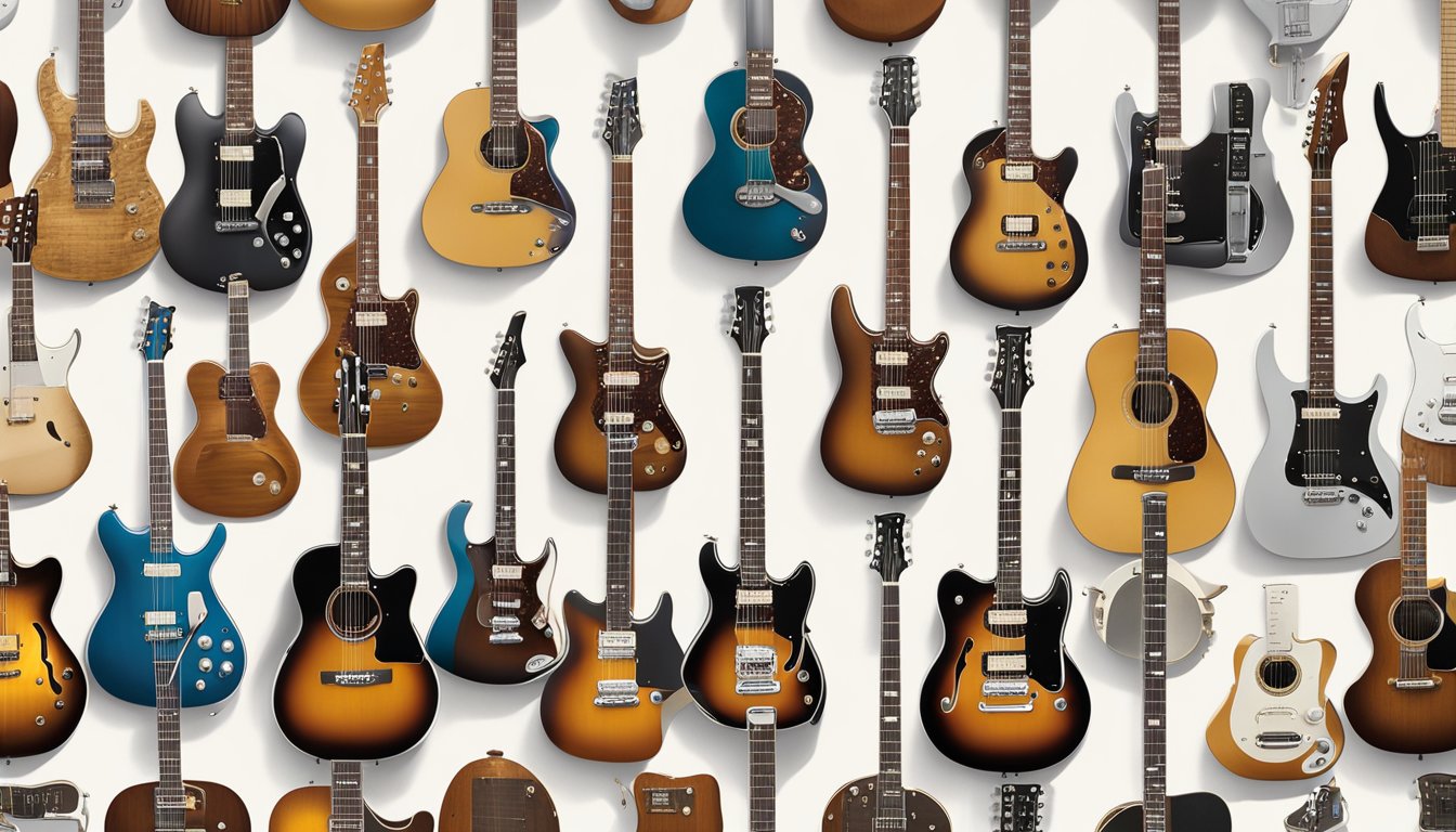 Various iconic guitar brands, including Fender, Gibson, and Martin, are displayed alongside their signature models