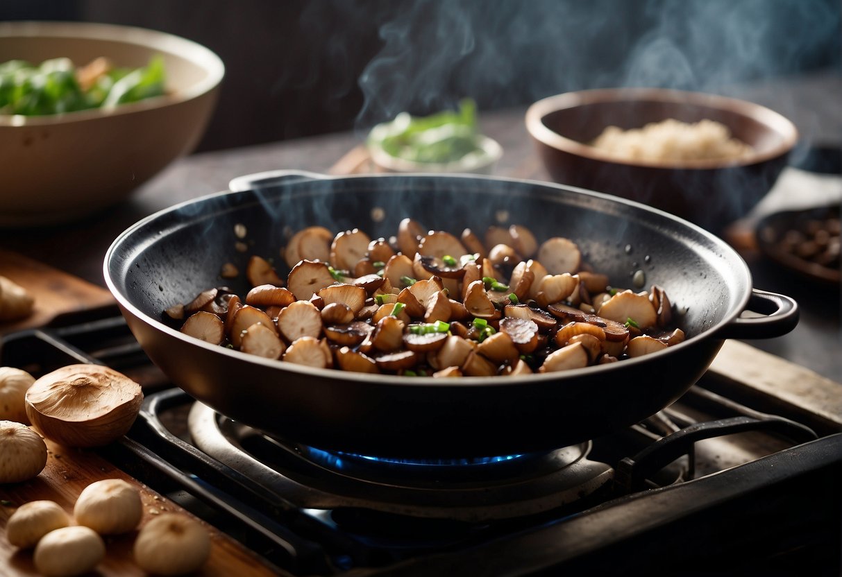 Sautéing fresh shiitake mushrooms in a sizzling wok with garlic, ginger, and soy sauce, creating a fragrant and flavorful Chinese dish